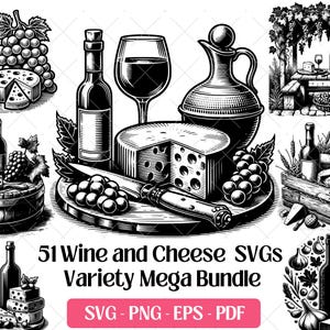 Pacchetto SVG di vino e formaggio, file di taglio e incisione laser, grafica vettoriale PNG EPS PDF, amanti del vino, silhouette di bottiglie di vino.