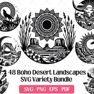 Pacchetto SVG Boho Desert · Clipart PNG Paesaggio di cactus occidentale · Cricut