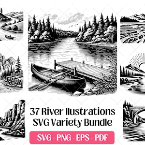 River SVG Bundle Cutting Laser Engraving Files, Cute Nature Scene Clipart PNG Silhouette Design Summer Life Lover Sublimation