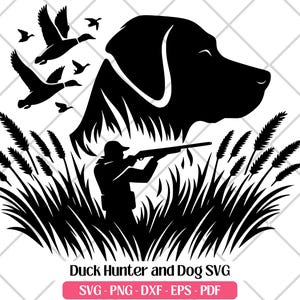 Entenjagd SVG Schneiden Lasergravur Datei PNG Dxf Eps Pdf, Stockenten Entenjagd Liebhaber, Entenjäger und Hund Clipart Design Sublimation