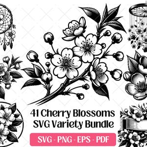 Pakiet SVG Kwiat Wiśni · Japońskie Clipart Sakura PNG · Pliki Cricut