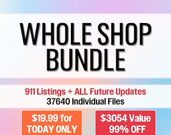 May include: A digital graphic with a pastel gradient background featuring the black text WHOLE SHOP BUNDLE. Below, red text states 911 Listings + ALL Future Updates and 37640 Individual Files, with orange and red boxes containing pricing details.