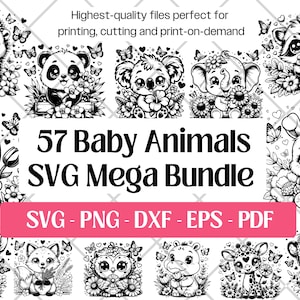 Bundle de fichiers SVG bébé animal, bébés animaux art vectoriel Svg PNG DXF Eps Pdf, Svg animal mignon pour découpe laser, découpes Svg sublimation dessins