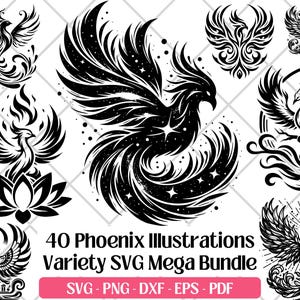 Pacchetto SVG Phoenix · File di taglio SVG, PNG, DXF, Eps, PDF, incisione laser, sublimazione · Simbolo mitologico delle ali della fenice Clipart