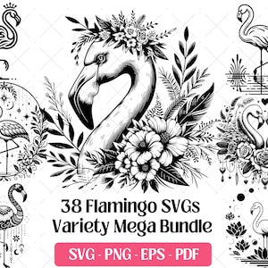 Flamingo SVG Bundle, Cutting Laser Engraving Files Vector PNG Eps Pdf, Cute Bird Floral Flamingo Clipart Design Svg Silhouette Sublimation