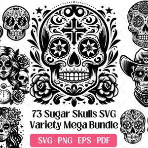 シュガースカルSVGバンドル、レーザー彫刻ファイルアートPNG EPS、ハロウィーンの死者の日、死者の日、メキシコのスカルクリップアートデザイン