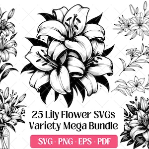 Pacote SVG de Flor de Lírio, Arquivos de Corte de Gravação a Laser, PNG Eps Pdf · Elemento Floral Decorativo Lírios Silhueta Linha Arte Clipart Svg Vetor