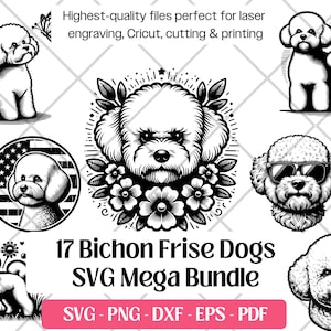 Bichon Frisé SVG-bundel, schattige hond vector, png, dxf, eps, pdf-snijden en lasergravure-bestanden voor afdrukken, Bichon frisé puppy-sublimatie