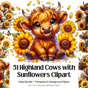 Bundle de cliparts tournesol vache Highland · Floral mignon bébé vache Highland soleil fleur PNG Clipart Design · fichiers numériques à sublimation animaux de la ferme