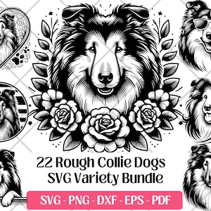 Op de afbeelding: Een digitaal downloadpakket met 22 zwart-wit illustraties van Rough Collie honden in verschillende poses. De illustraties zijn in vintage stijl en hebben bloemmotieven. De tekst "22 Rough Collie Dogs SVG Variety Bundle" en "SVG - PNG - DXF - EPS - PDF" is in de afbeelding opgenomen.