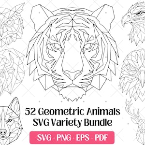 May include: A collection of geometric animal designs in black and white, including an owl, tiger, eagle, bison, wolf, and deer. The image includes the text "52 Geometric Animals SVG Variety Bundle" with file type options.