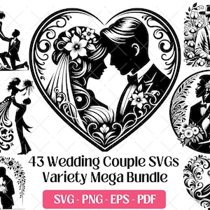 Bundle SVG mariage couple · Clipart PNG d'amour de la mariée marié · Cricut