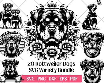 May include: A collection of black and white Rottweiler dog illustrations. The images include full body portraits, headshots, and designs with floral elements and sunglasses. Text reads "20 Rottweiler Dogs SVG Variety Bundle".