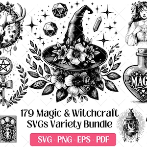 Paquete de archivos SVG de brujería · Imágenes prediseñadas góticas wiccanas paganas en formato PNG · Archivos para Cricut