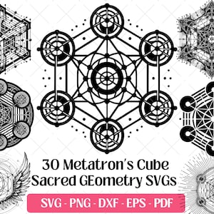 May include: A set of 30 black and white vector illustrations of Metatron's Cube, a sacred geometry symbol. The illustrations are in various styles, including geometric, abstract, and ornate.