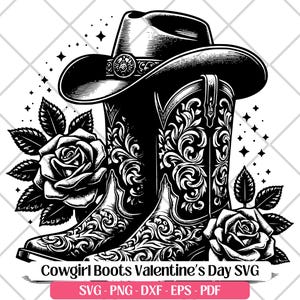 Cowgirl Stiefel und Rosen Valentinstag SVG Schneiden Laser Gravur Datei PNG Dxf Eps Pdf, süße Kuh Mädchen Stiefel Blumen Clipart Design Sublimation