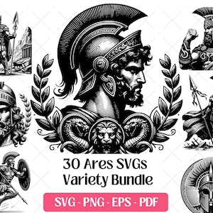 Puede incluir: Una colección de ilustraciones en blanco y negro que representan a Ares, el dios griego de la guerra. Las imágenes muestran a Ares en varias poses, con cascos y lanzas, con coronas de laurel y otros elementos clásicos.