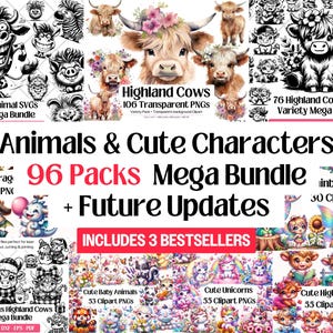 Tiere und niedliche Charaktere Kategorie Mega Bundle Plus Alle Zukünftigen Updates · Wald Wildtiere Bauernhof Tiere Nische SVG, Clipart PNG DXF Eps Pdf