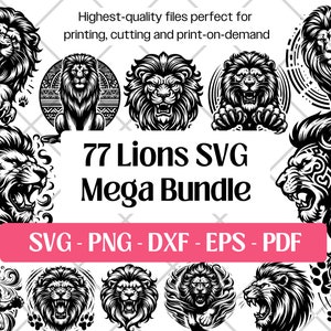 Pacote SVG de Leão • Arquivos Svg de Cabeça e Silhueta de Leão Arte Vetorial PNG DXF Eps Pdf • Arquivo de Corte Clipart de Rosto de Leão Rugindo • Svg para Corte a Laser
