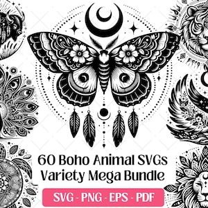 Op de afbeelding: Zwart-witte digitale kunst met diverse boho-dierontwerpen, waaronder een vlinder, een tijger, een zwaan en een bizon. De tekst luidt "60 Boho Animal SVGs Variety Mega Bundle" met bestandstype-opties.