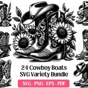 Cowboy Boots SVG Bundle Cutting Laser Engraving Files, Cowgirl Western Boot Illustration Clipart PNG Silhouette Design, Cowboy Boots Vector