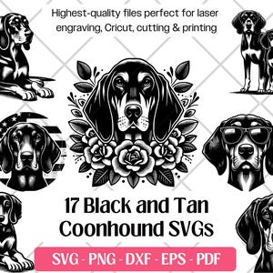 Schwarz und Tan Coonhound SVG Bundle, süßer Hund Vektor, PNG, DXF, Eps, PDF-Schneiden und Laser-Gravur-Dateien, Schwarz und Tan Coonhound Sublimation