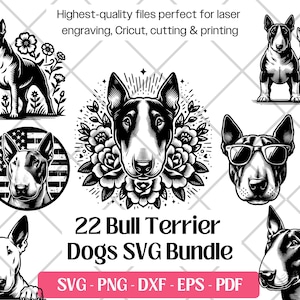 Bull Terrier SVG-bundel, schattige hond vector, png, dxf, eps, pdf-bestanden snijden en lasergraveren, bull terrier clipart hond puppy sublimatie