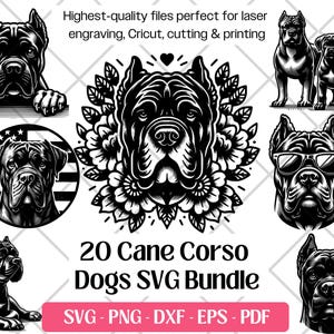 May include: A selection of black and white Cane Corso dog illustrations. The image features different poses, including a dog with sunglasses and a dog with floral elements. Text reads: "20 Cane Corso Dogs SVG Bundle."