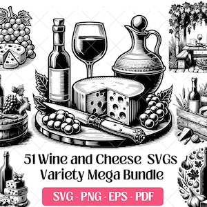 Op de afbeelding: Zwart-wit illustraties van wijnflessen, glazen, kaas en druiven. De afbeelding bevat verschillende arrangementen, waaronder een picknickscène en een houten vat. De tekst luidt "51 Wine and Cheese SVGs Variety Mega Bundle."