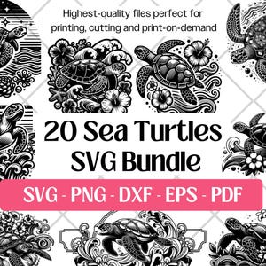 Paquete SVG de tortuga marina floral · Imágenes prediseñadas botánicas oceánicas en PNG y PDF · Silueta para corte láser Cricut
