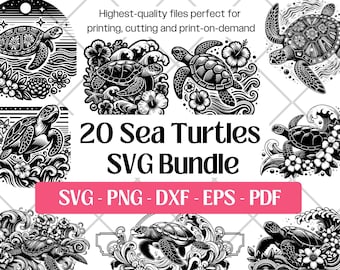 Könnte beinhalten: Schwarz-Weiß-Illustrationen von Meeresschildkröten in verschiedenen Designs. Das Bild enthält den Text "20 Sea Turtles SVG Bundle" und "Highest-quality files perfect for printing, cutting and print-on-demand."