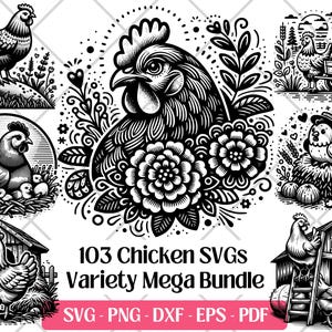 Lot de poulet SVG, fichiers de découpe, art vectoriel Svg, PNG, DXF, Eps, Pdf pour gravure laser • Sublimation de cliparts mignon drôle de amateur de poulet