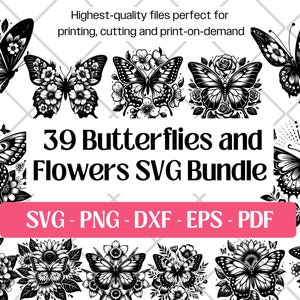 Blumen Schmetterling SVG Bundle, Schmetterling und Blumen Svg-Dateien Vektor ArtSvg PNG DXF Eps Pdf, Schmetterling Silhouette Clipart svg für Laserschneiden