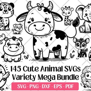 Pacote SVG de animais fofos, animais de fazenda, floresta, bosque e safári, arquivos de corte SVG, PNG, DXF, EPS, PDF e gravação a laser, arte de sublimação