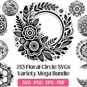 Pakiet Floral Circle SVG, pliki do grawerowania laserowego, PNG Eps Pdf · Flower Circle Floral Frame Wreath Design Element Clipart Sublimacja