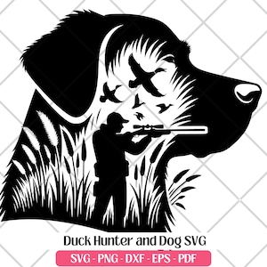 Silhueta de caça de pato SVG Corte de arquivo de gravação a laser Png Dxf Eps Pdf, Pato-real amante de caça e cão SVG Clipart Design Sublimação
