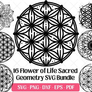 Op de afbeelding: Een verzameling van 16 zwart-witte Flower of Life en Sacred Geometry ontwerpen. De ontwerpen bevatten ingewikkelde patronen, bloemmotieven en geometrische vormen. De afbeelding bevat ook de tekst "16 Flower of Life Sacred Geometry SVG Bundle" en bestandsinfo.