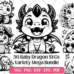 Schattige babydraak SVG-bundel, snijbestanden, Vectorkunst, PNG, DXF Eps Pdf, lasergravurebestanden · Schattige babydraak clipart silhouet