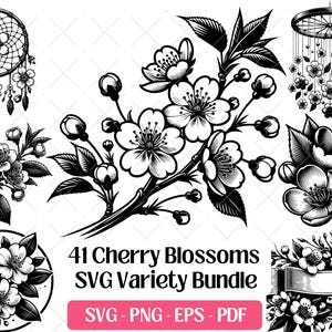 Cherry Blossom SVG Bundle Cutting Laser Engraving Files,Sakura Flower Branch Clipart PNG Silhouette Design Floral Cherry Blossom Sublimation