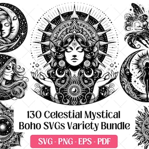 Puede incluir: Una colección de diseños SVG celestiales y místicos en blanco y negro. Los diseños incluyen imágenes de la luna, el sol, las estrellas y figuras femeninas. El texto dice "130 Celestial Mystical Boho SVGs Variety Bundle".