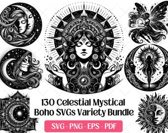 Può includere: Una collezione di design SVG celesti e mistici in bianco e nero. I design includono immagini di luna, sole, stelle e figure femminili. Il testo recita "130 Celestial Mystical Boho SVGs Variety Bundle" con opzioni di tipo di file.