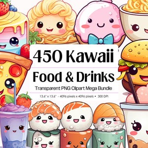 Paquete de imágenes PNG de comida y bebidas kawaii · Imágenes prediseñadas de ilustraciones de dibujos animados caprichosas