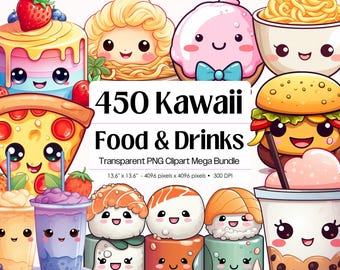 Kawaii Food Drinks PNG Bundle · Whimsical Cartoon Illustration Clipart