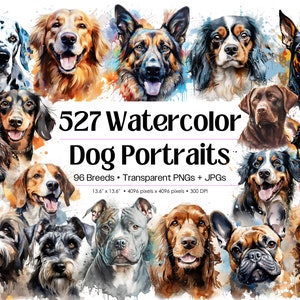 Watercolor Dog Clipart Bundle • 527 Dog Portraits with Ink Splash • 96 Breeds, Dog Sublimation Designs, Scrapbook Digital Download Print Art