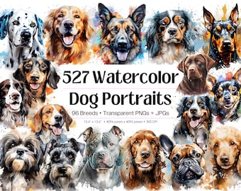 Watercolor Dog Clipart Bundle • 527 Dog Portraits with Ink Splash • 96 Breeds, Dog Sublimation Designs, Scrapbook Digital Download Print Art