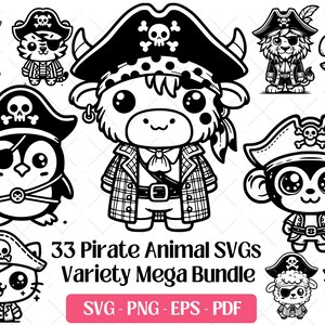 Paquete SVG de animales piratas, lindos archivos SVG de animales piratas bebés marineros, imágenes prediseñadas para corte y grabado láser, impresión de arte vectorial, PNG, EPS, PDF, diseño