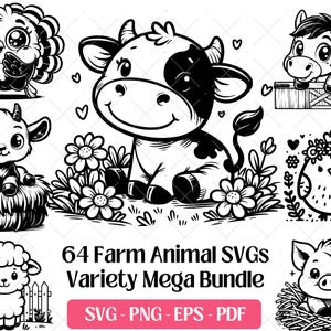 Farm Animals SVG Bundle Cutting Laser Engraving Files Vector, Cute Baby Farm Animals Clipart PNG Face Head Silhouette Design Farm Owner SVG