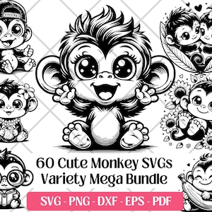May include: A collection of black and white cartoon monkey illustrations. The monkeys are depicted in different poses, some with accessories. Text reads "60 Cute Monkey SVGs Variety Mega Bundle".