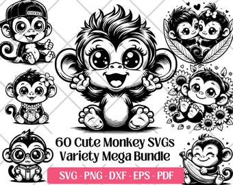 Monkey SVG Bundle · Baby Jungle Animal Funny Clipart PNG · Cricut