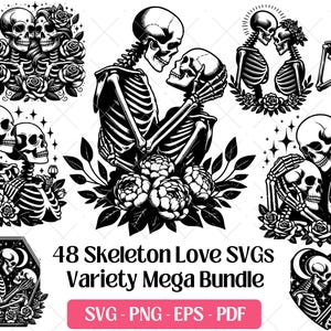 Pacote SVG de amantes de esqueletos para dia dos namorados, arquivos de corte e gravação a laser, PNG eps vetoriais, design de clipart de caveira de amor e esqueleto romântico gótico
